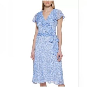 Tommy Hilfiger Printed Capelet Blue Floral Midi Dress - Size 14